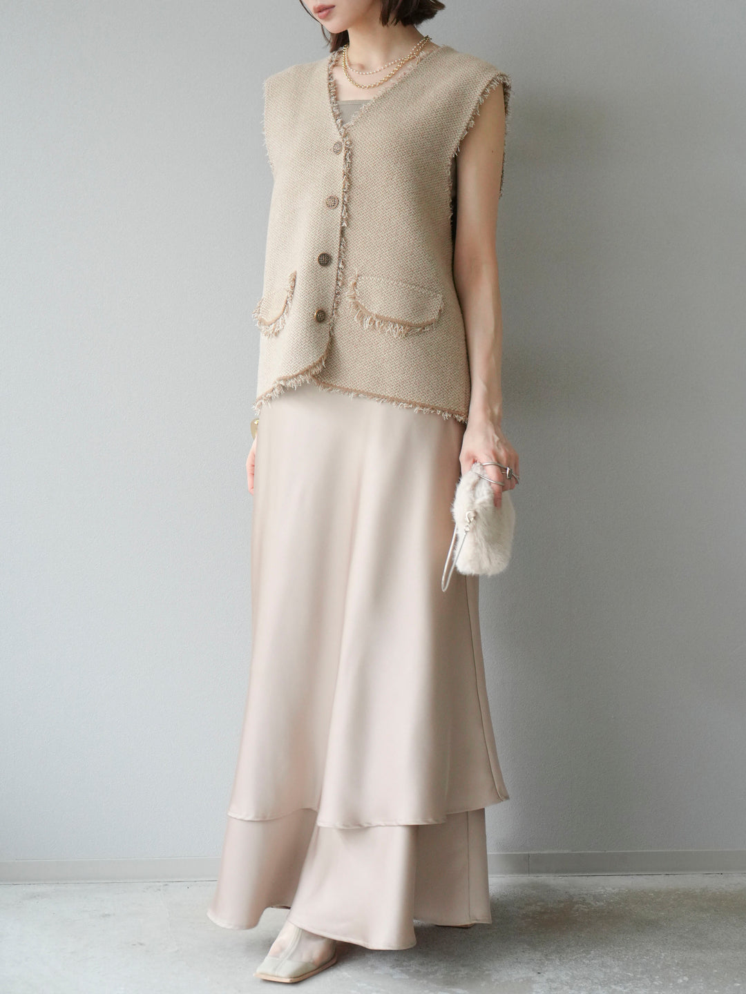 [予約]サテンフリルスカート/ベージュ