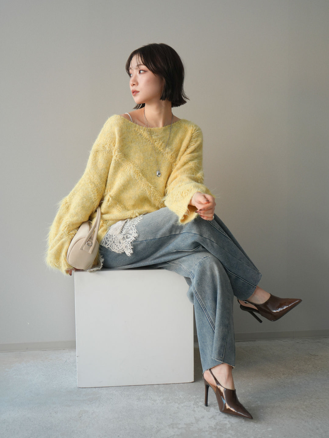 [予約]シャギーデザインニットプルオーバー/yellow