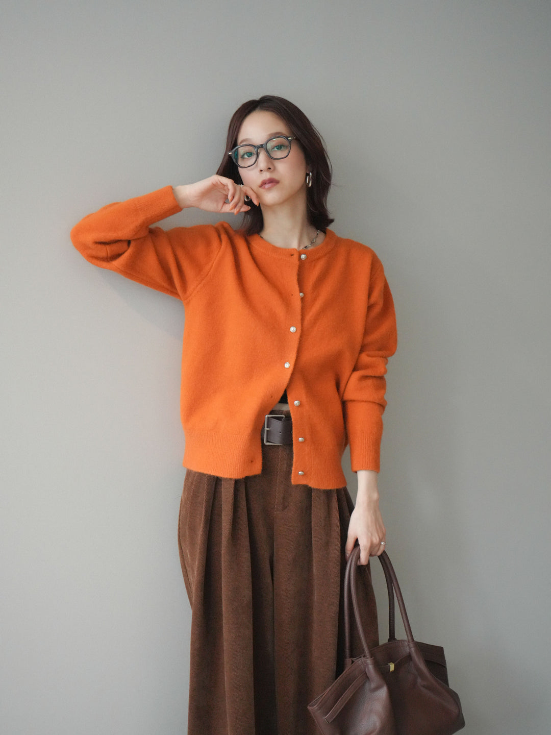 [SET]アンティークボタンニットカーディガン+ベルトデザインループコールテンワイドパンツ(ベルト付き)(2set)