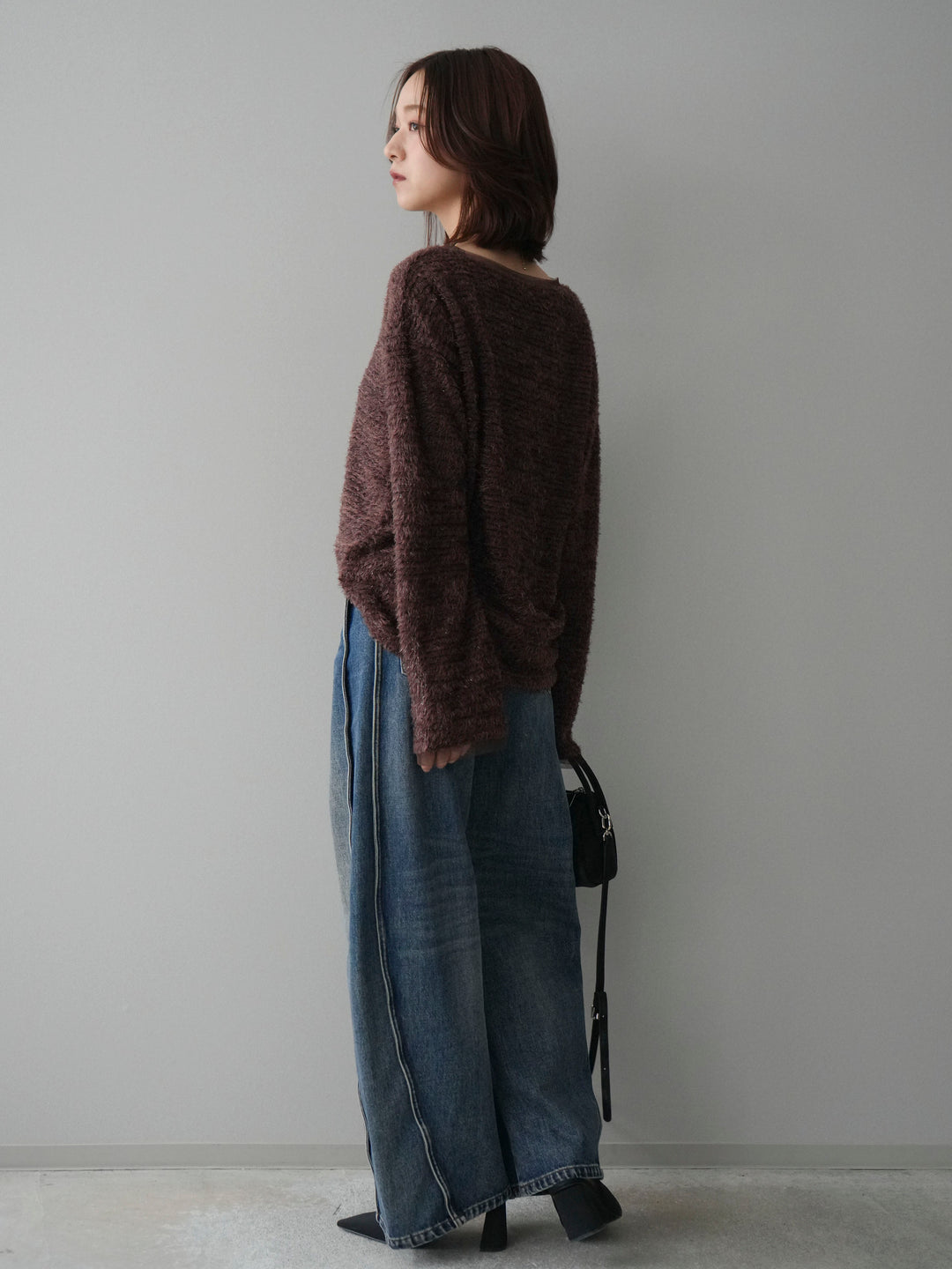 [SET]ラメシャギートップス+サイド切替カーブデニムパンツ(2set)