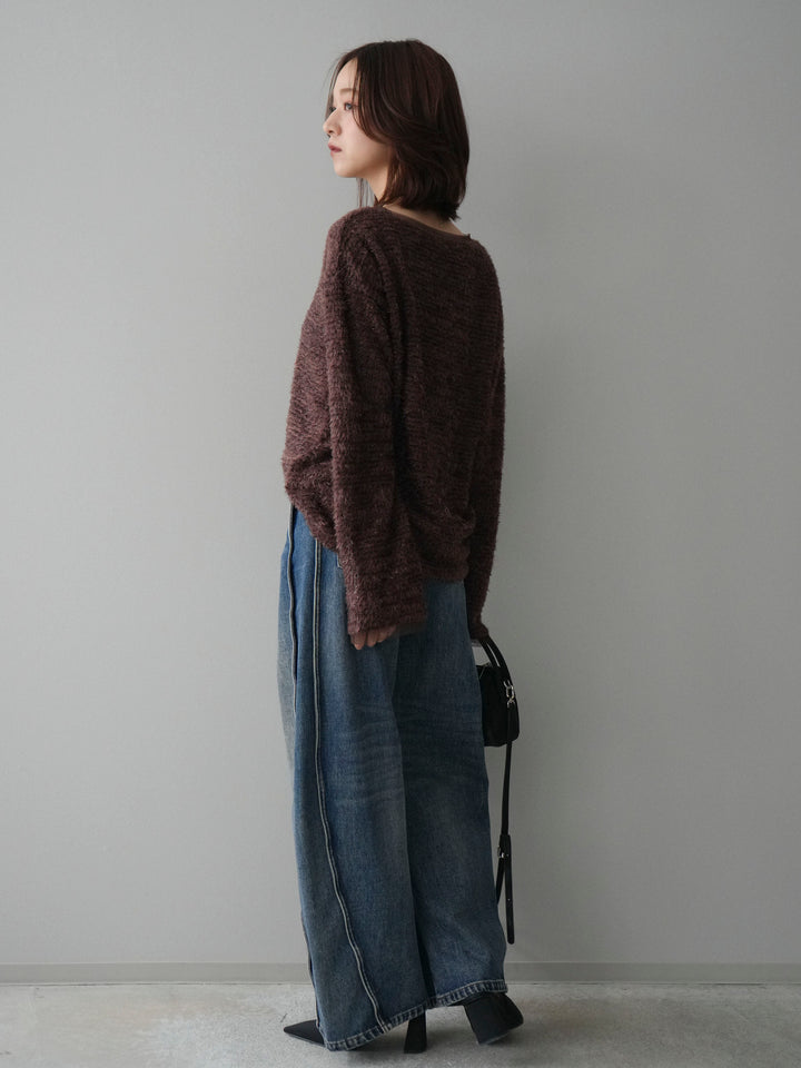 [SET]ラメシャギートップス+サイド切替カーブデニムパンツ(2set)