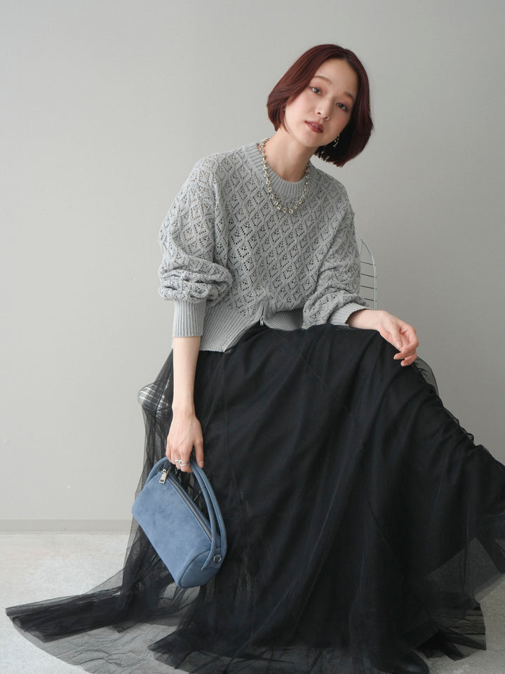 [予約]透かし編みフロントジップスリットニットプルオーバー/gray
