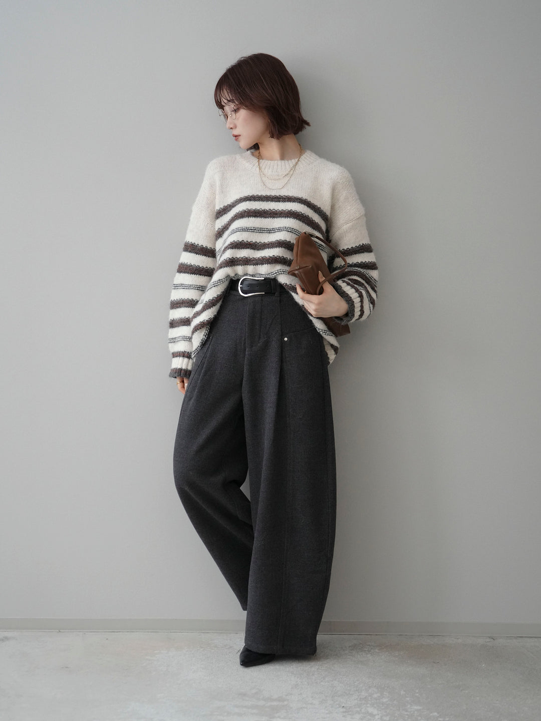 [SET]ステッチボーダーニットプルオーバー+ベルト付起毛コクーンパンツ(2set)