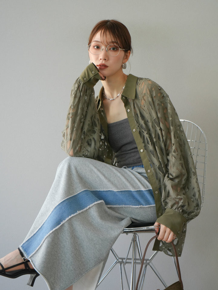 [SET]コードレースオーバーシャツ+デニムドッキングスウェットスカート(2set)