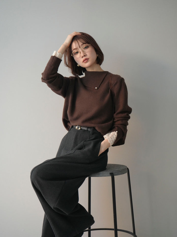 [SET]袖レースパール付き配色ニットトップス+ウールタッチカーブパンツ(2set)