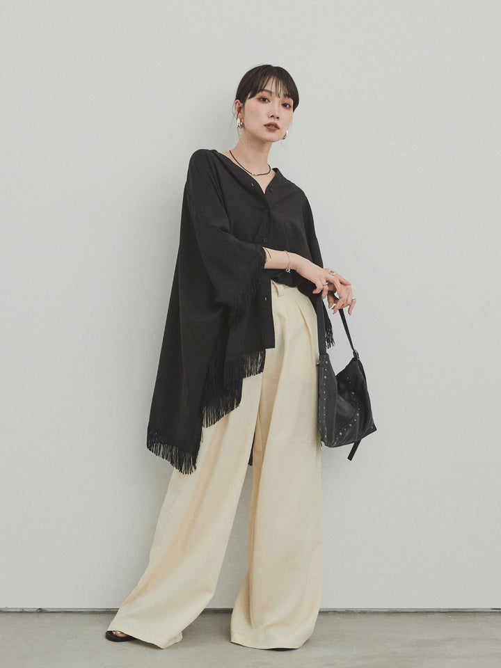 [SET] 方形流蘇斗篷襯衫 + 亞麻觸感褶皺寬褲 (2 件套)