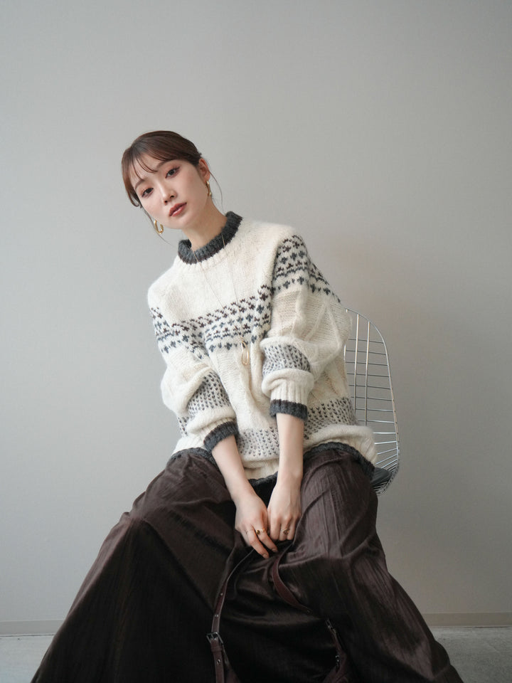 [予約]裾配色ノルディック柄ニットプルオーバー/White