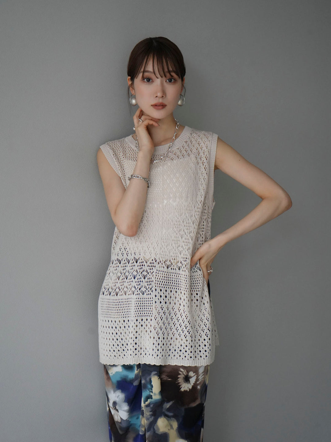 [Pre-order] Openwork side slit knit top/ivory