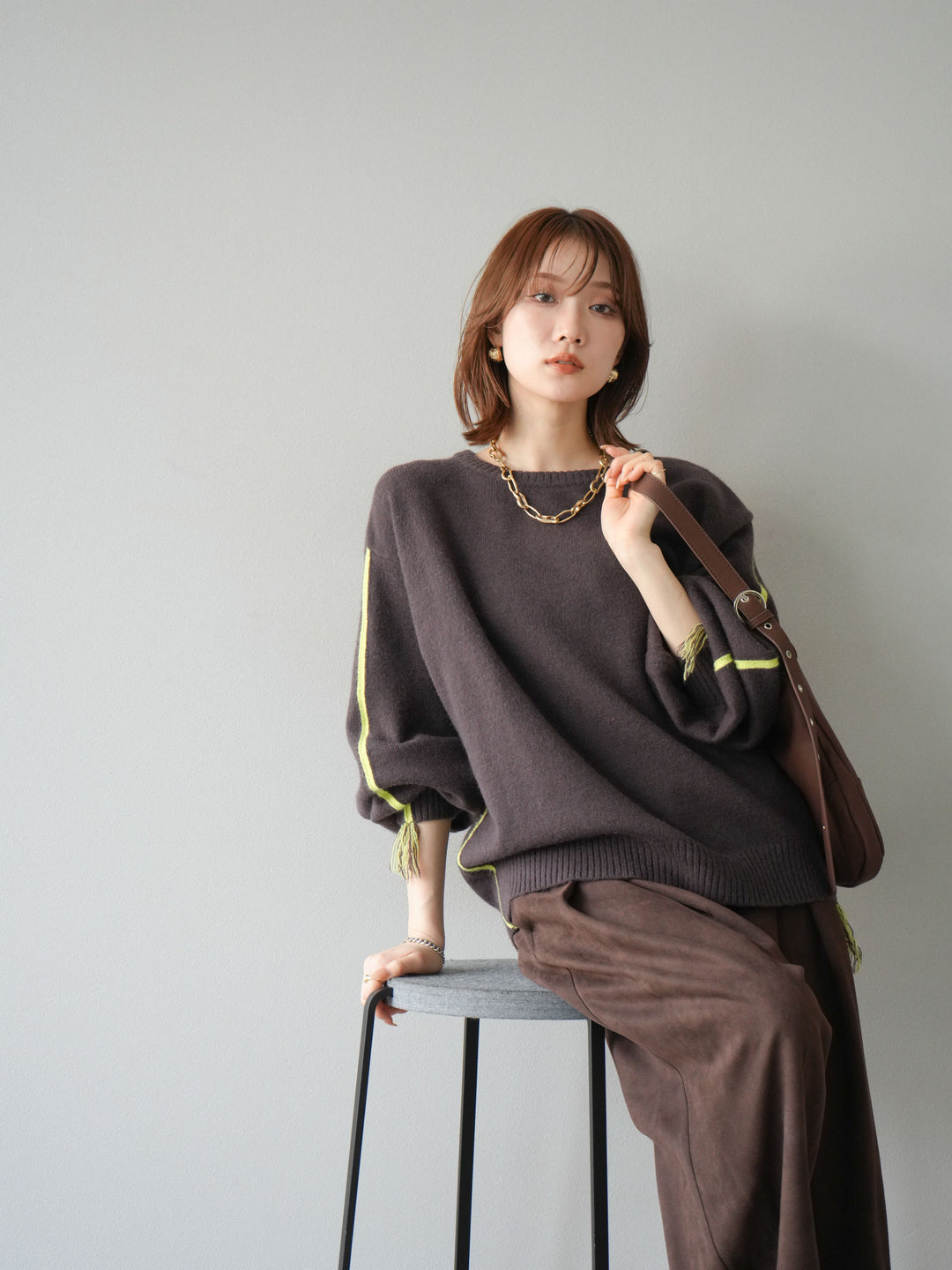 [SET]配色ステッチフリンジニットプルオーバー +スウェードタックワイドパンツ(2set)