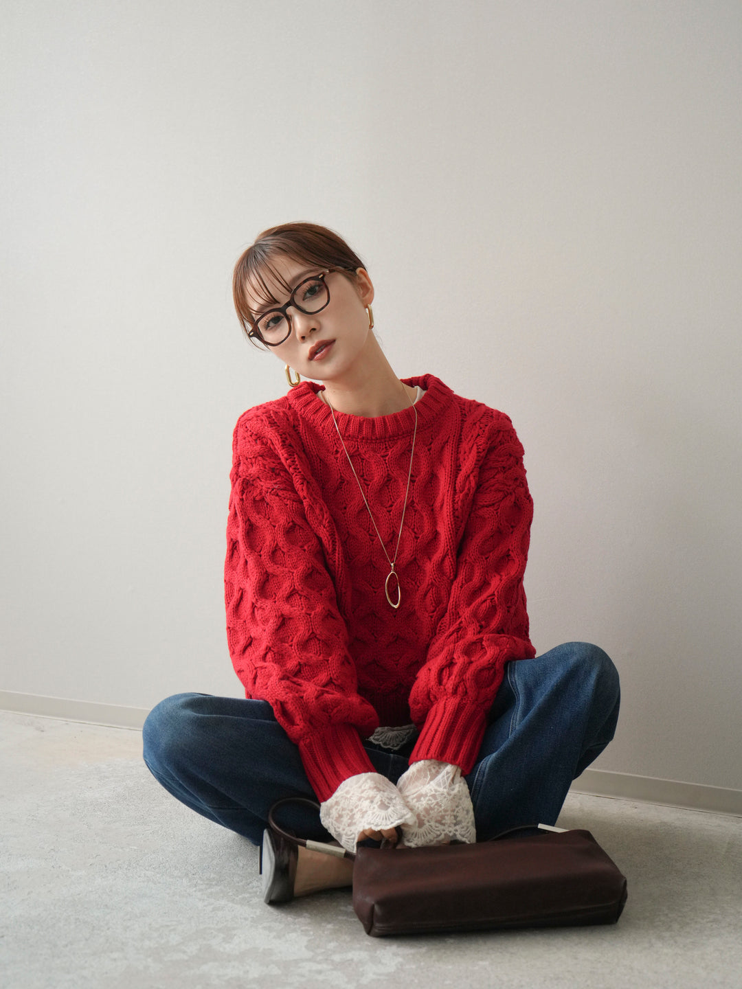 [予約]バルキーケーブルクロップドニットプルオーバー/red