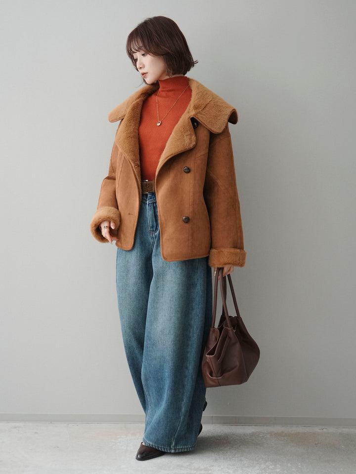 [SET]ムートンショートジャケット+袖ボタンボトルネックリブニットトップス+ベルト付裏起毛カーブデニムパンツ(3set)