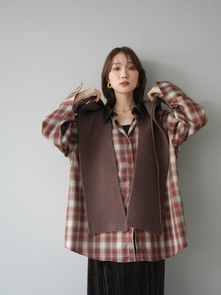 [SET]レザー襟オンブレチェックオーバーシャツ +クラッシュベロアナロースカート(2set)