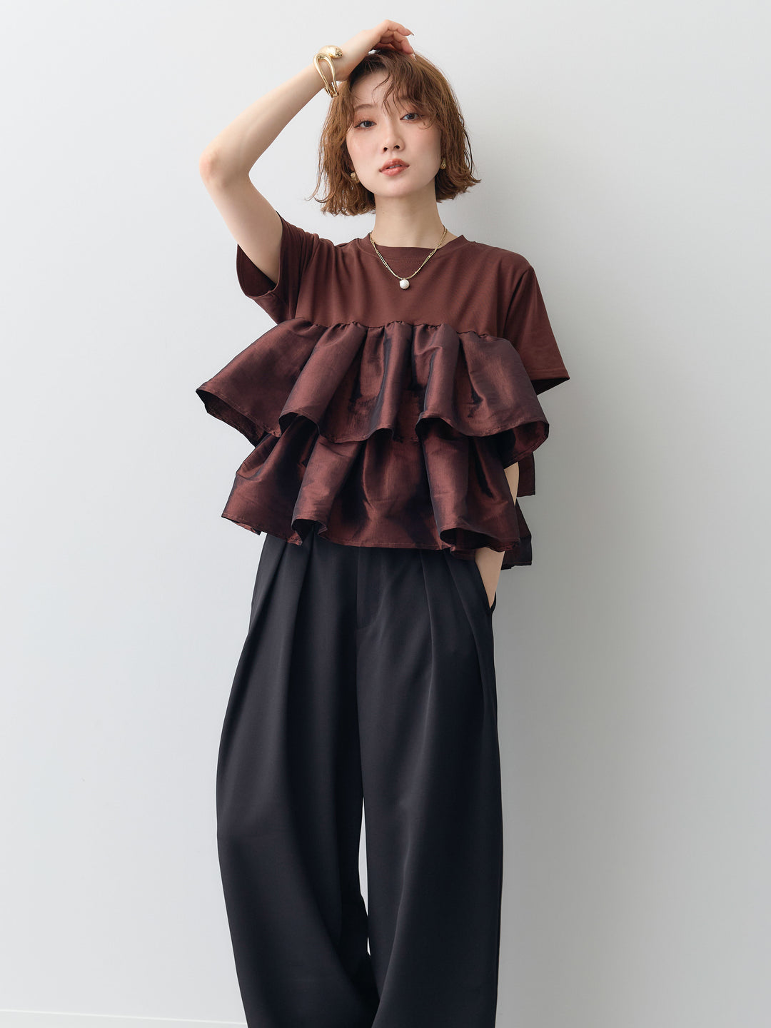[SET]フリルティアードTEE+クレープデシンタックワイドパンツ(2set)