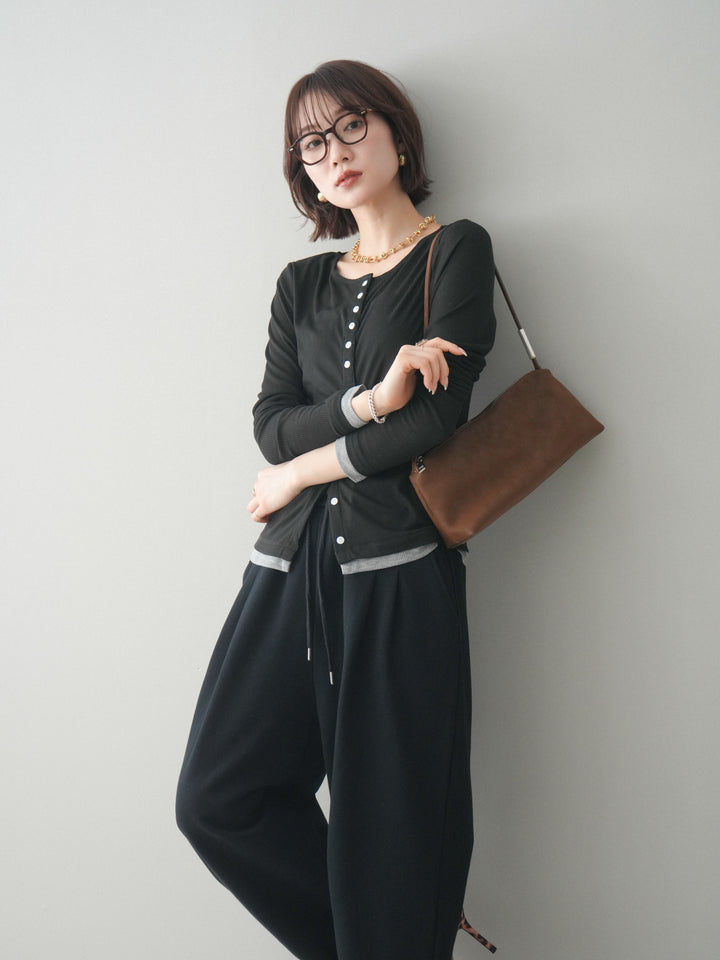 [予約]シアーリブバイカラーカーディガン/black