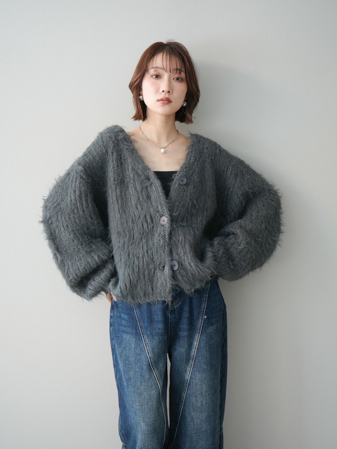 [予約]シャギーオーバーニットカーディガン/gray