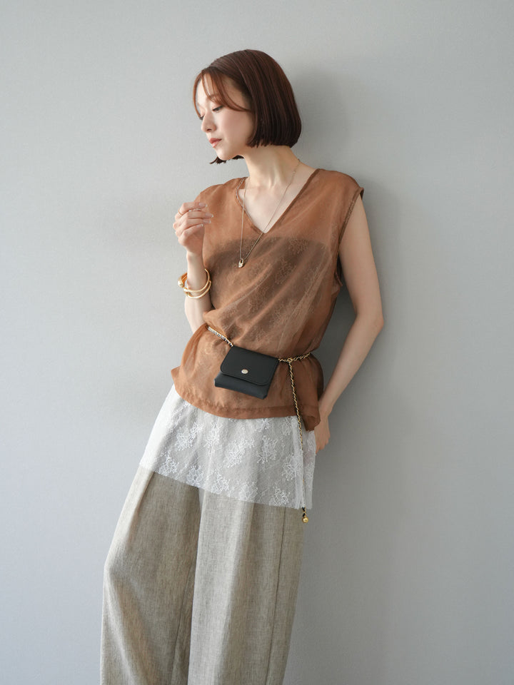 [予約]レースレイヤードオーガンジートップス/ブラウン