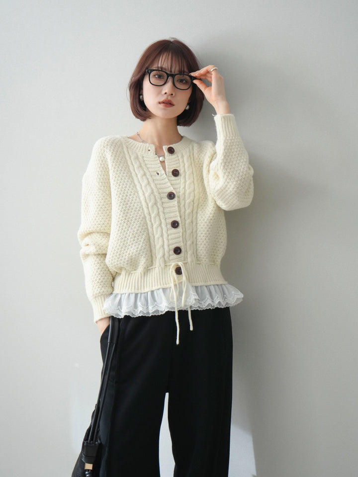 [SET]裾レースケーブルニットカーディガン+2WAYデザインスウェットパンツ(2set)