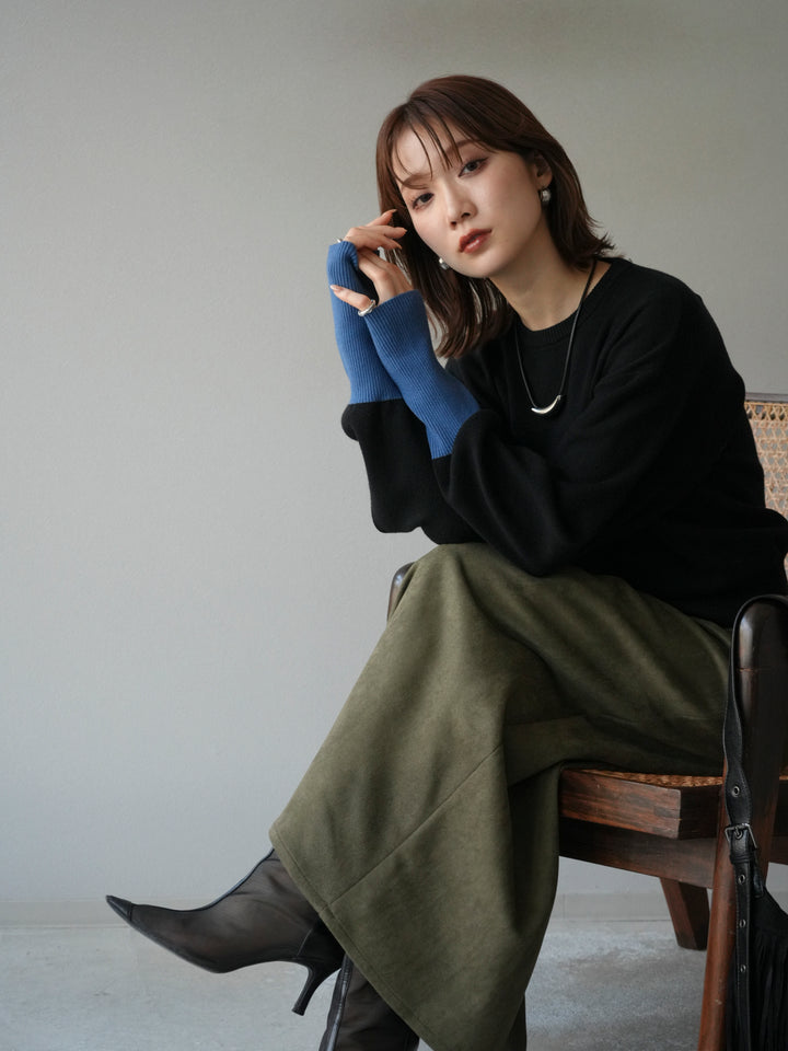 [予約]袖配色フロントスリットニットプルオーバー/ブラック