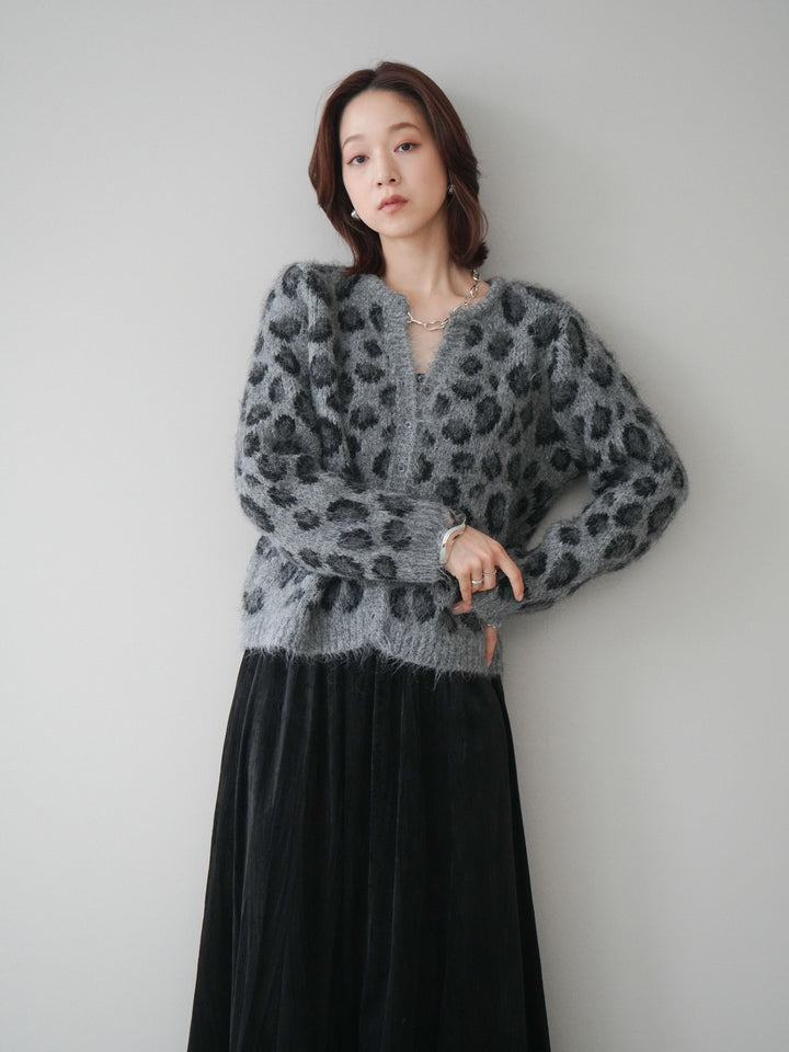 [SET]モヘアタッチレオパード柄ニットカーディガン+ワッシャーベロアプリーツスカート(2set)
