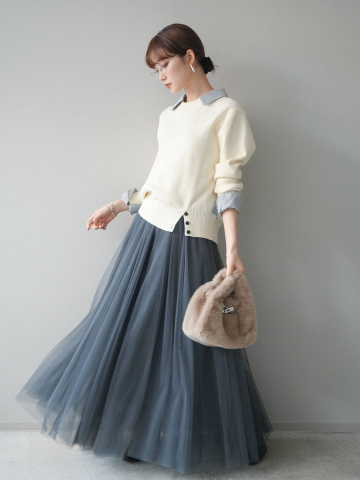 [SET]シャツドッキングデザイン裾ボタンニットプルオーバー+チュールボリュームスカート(2set)