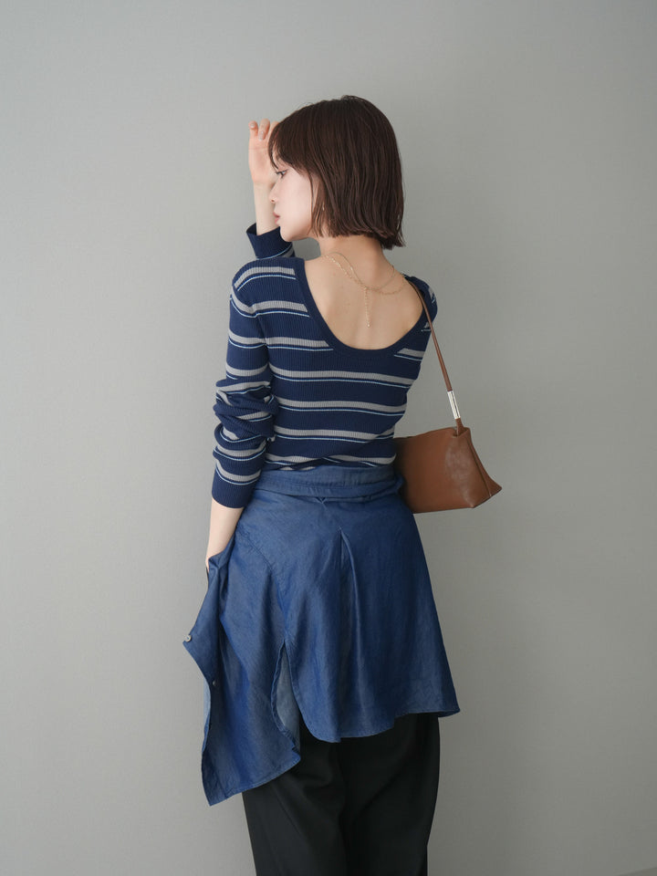 [予約]バックオープンテレコリブマルチボーダートップス/navy