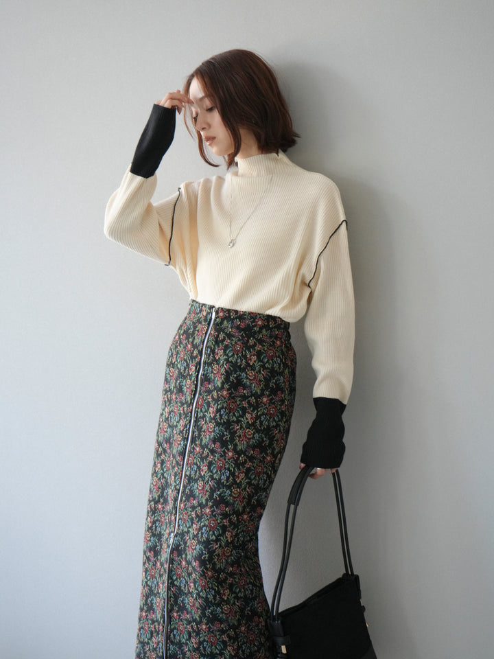 [予約]ボトルネック配色リブニットプルオーバー/エクリュ×ブラック