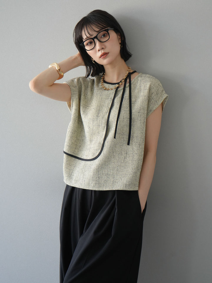 [SET]サマーツイードケープデザインプルオーバー+クレープシフォンタックワイドパンツ(2set)