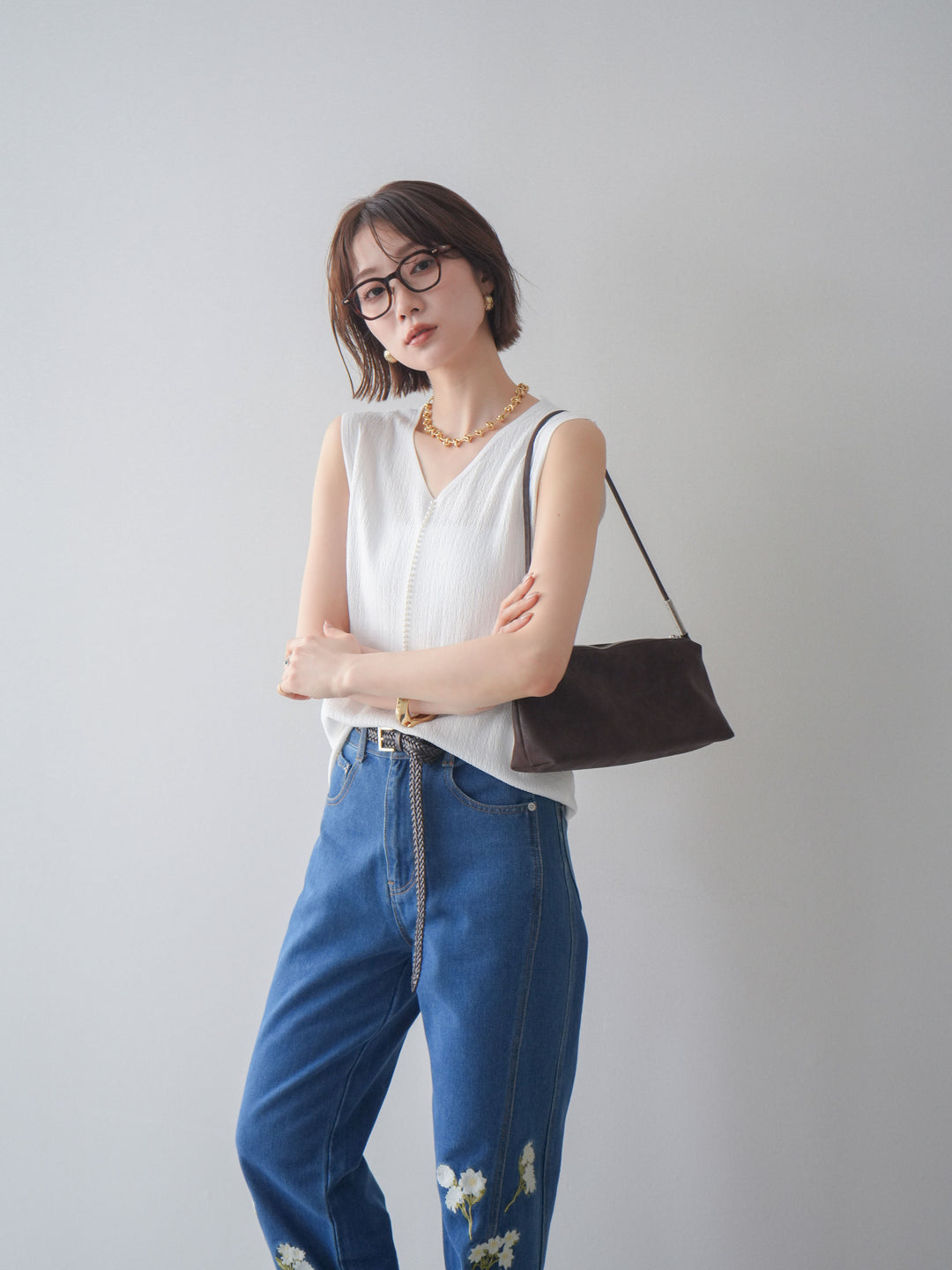 【預購】珍珠圖案V領針織上衣/白色