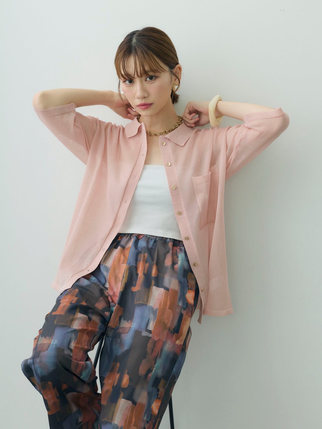 [SET]シアーハーフラメニットシャツ+カップ付テレコリブベアキャミソール(2set)