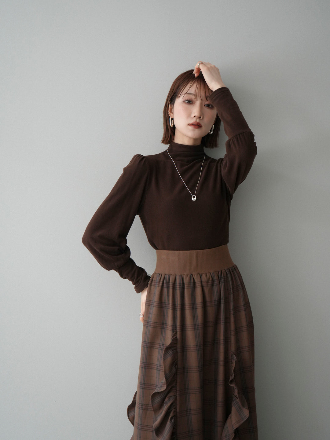 [予約]プチネックパワーショルダー起毛トップス/brown