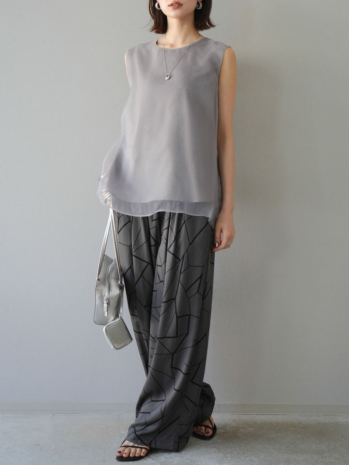 [予約]ビスコースサテンプリントタックイージーパンツ/チャコール