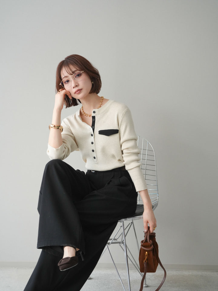 [SET]バイカラーデザインポケット配色ヘンリーネックニットソー+アニマル柄ベルト付きウールタッチワイドパンツ(2set)