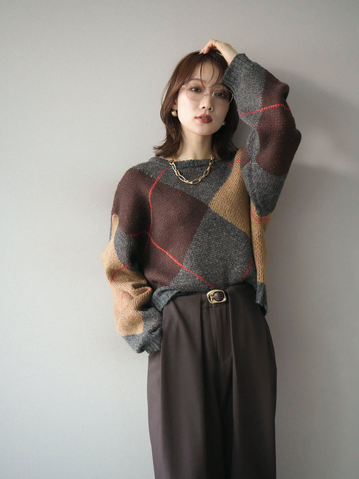 [SET]配色ステッチアーガイル柄ニットプルオーバー+配色ステッチアーガイル柄ニットプルオーバー(2set)