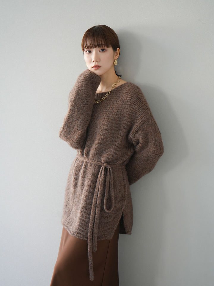 [予約]紐付きあぜ編みオーバーニットプルオーバー/ブラウン