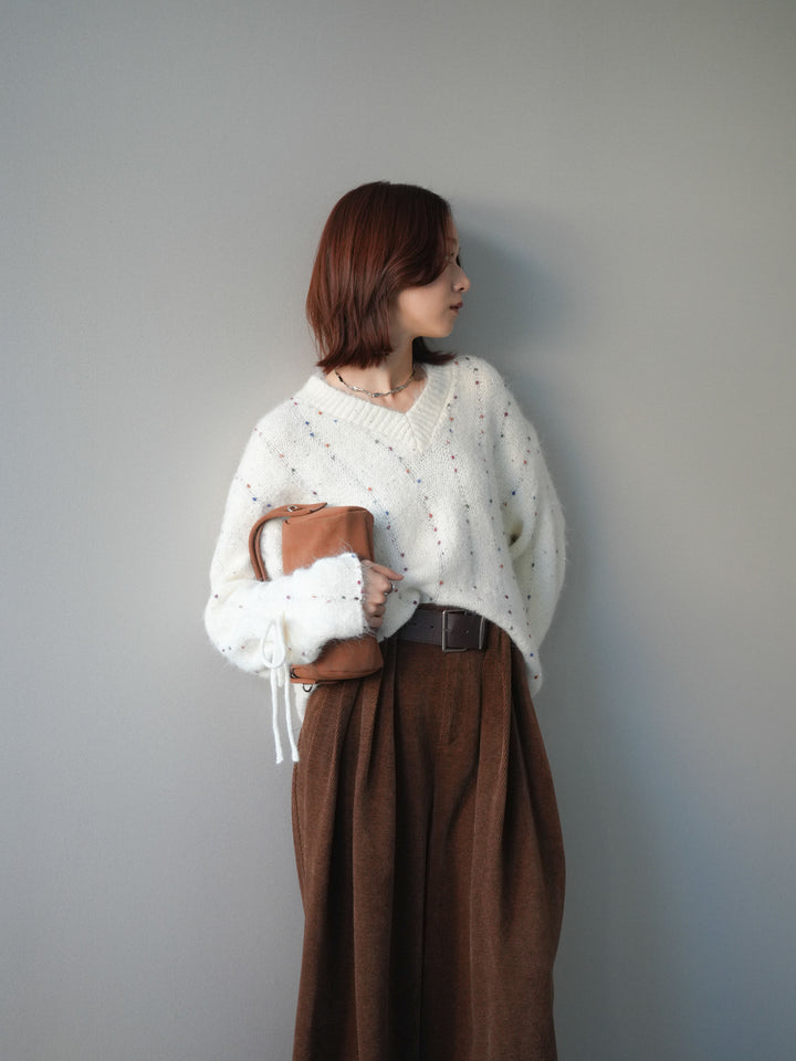 [SET]キャンディースリーブカラーネップスパンコールニットプルオーバー+ベルトデザインループコールテンワイドパンツ(ベルト付き)(2set)