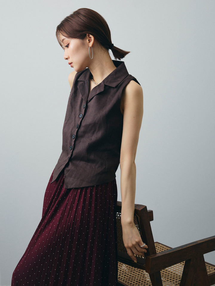 [予約]リネンライクテーラードジレ/ブラウン