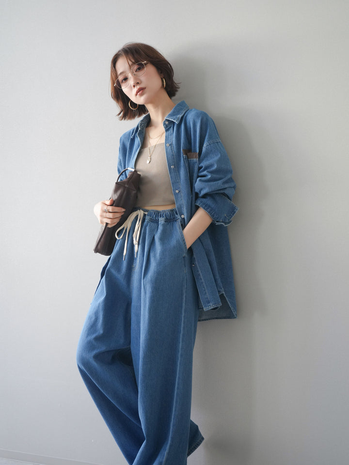 [SET]ポイントレザーオーバーデニムシャツ+ドロストワイドデニムパンツ(2set)