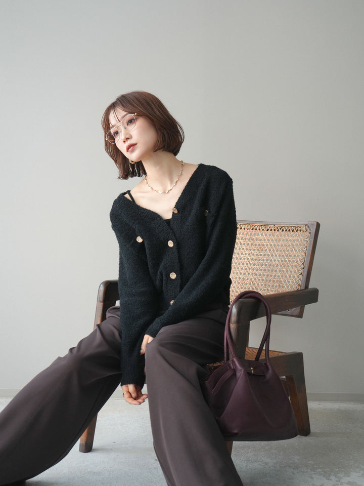 [SET]ゴールドボタンモールニットカーディガン+ベルトループデザインワイドパンツ(2set)