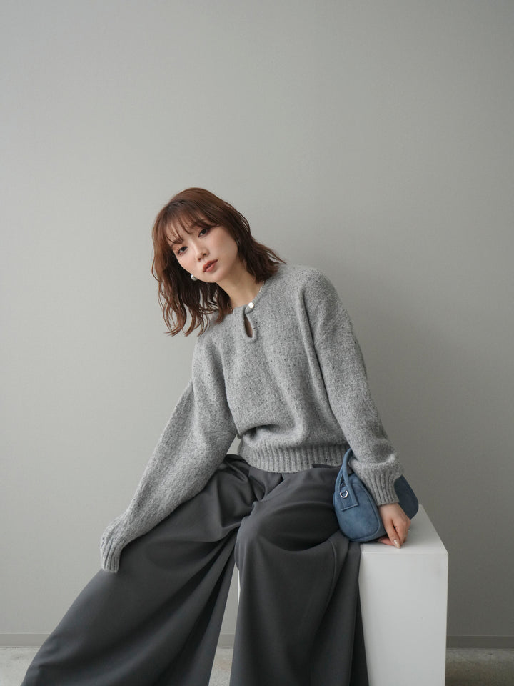 [SET]ツイストネックラメネップヤーンニットプルオーバー+テープベルトタックバギーパンツ(2set)