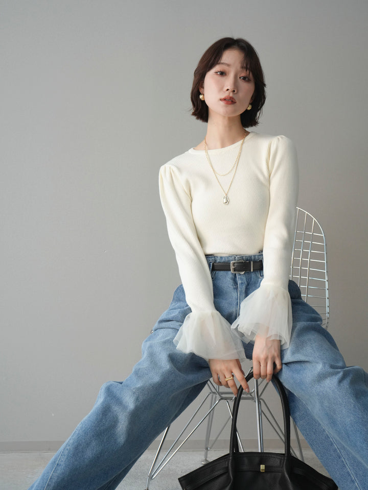 [SET]袖チュールパワショルリブニットトップス+選べるアクセセット(2set)