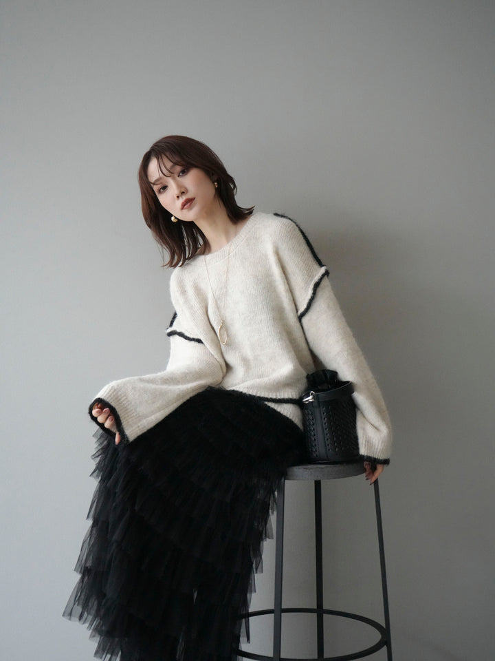 [予約]バイカラーレイヤードデザインニットプルオーバー/apricot