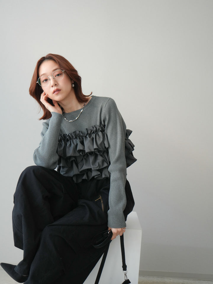 [SET]フリルビスチェドッキングスポンジニットプルオーバー+コットンタックループパンツ(2set)