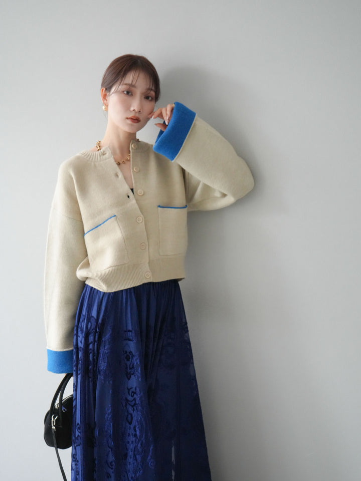 [SET]バイカラーオーバーニットカーディガン+アンティーク柄フロッキーマキシスカート(2set)
