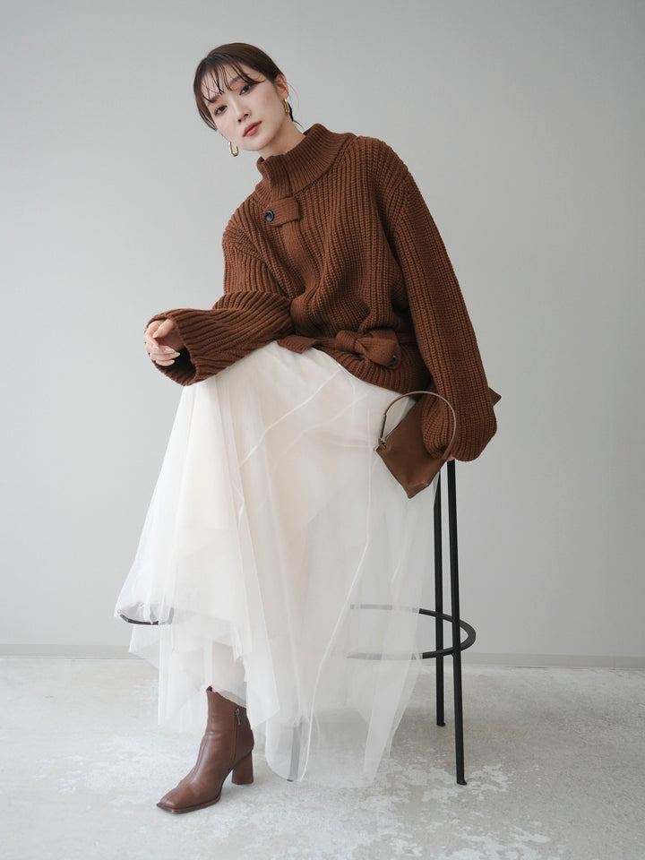[予約]畦編みボトルネックZIPニットカーディガン/brown