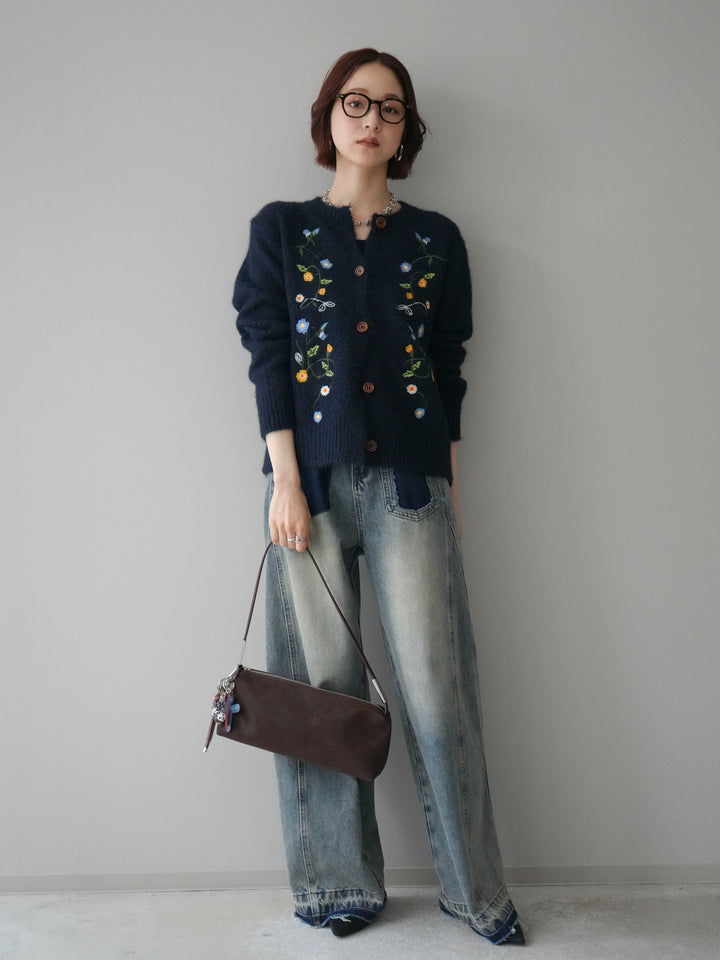 [予約]フラワー刺繍ニットカーディガン/blue