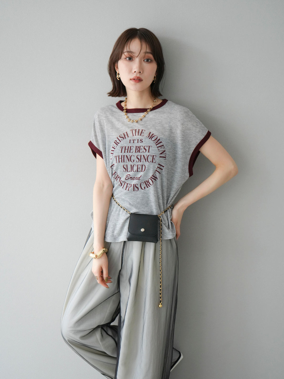 [SET]シアーフライス ロゴプリントT +コード刺繍チュールレイヤードパンツ(2set)