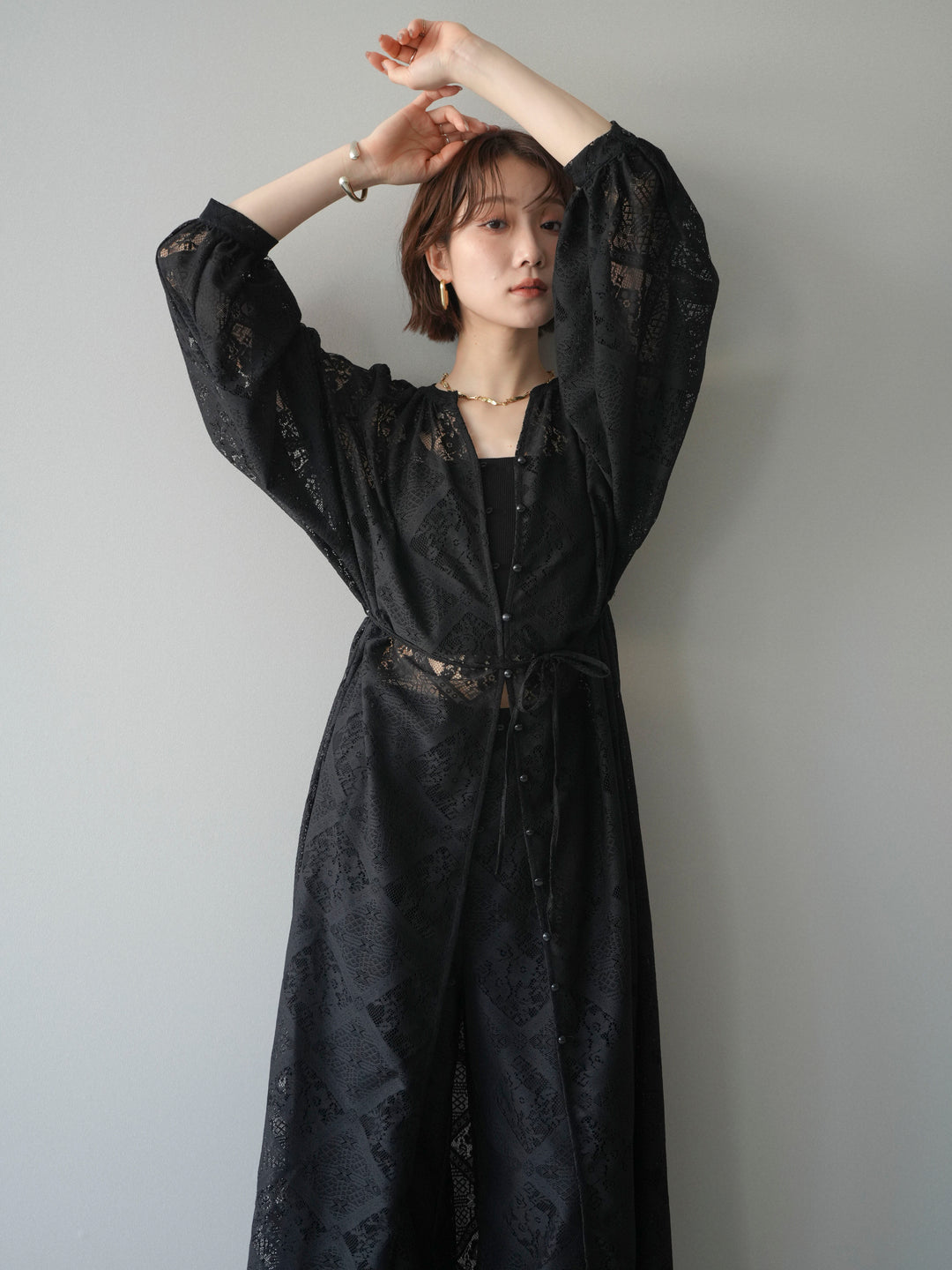 [SET]シアーレースロングガウン+シアーレースイージーパンツ(2set)