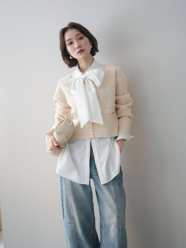 [予約]ゴールドボタンノーカラーニットジャケット/ivory