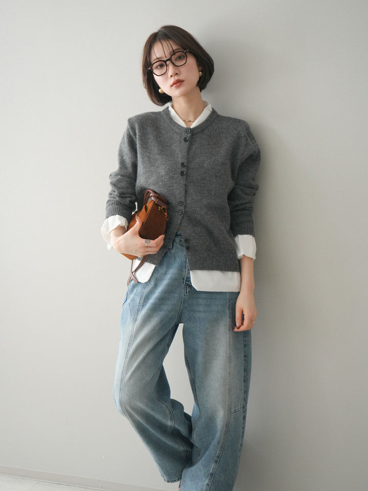 [SET]布帛ドッキングニットカーディガン+ガーメントウォッシュカーブデニムパンツ(2set)