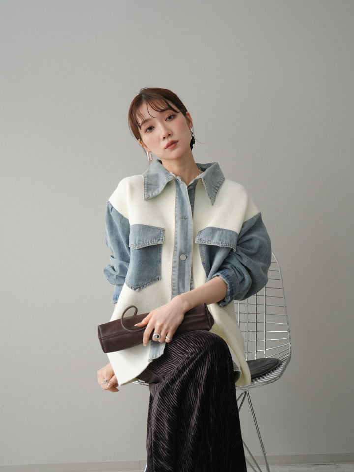 [予約]デニム襟ダブルフェイスニットカーディガン/white